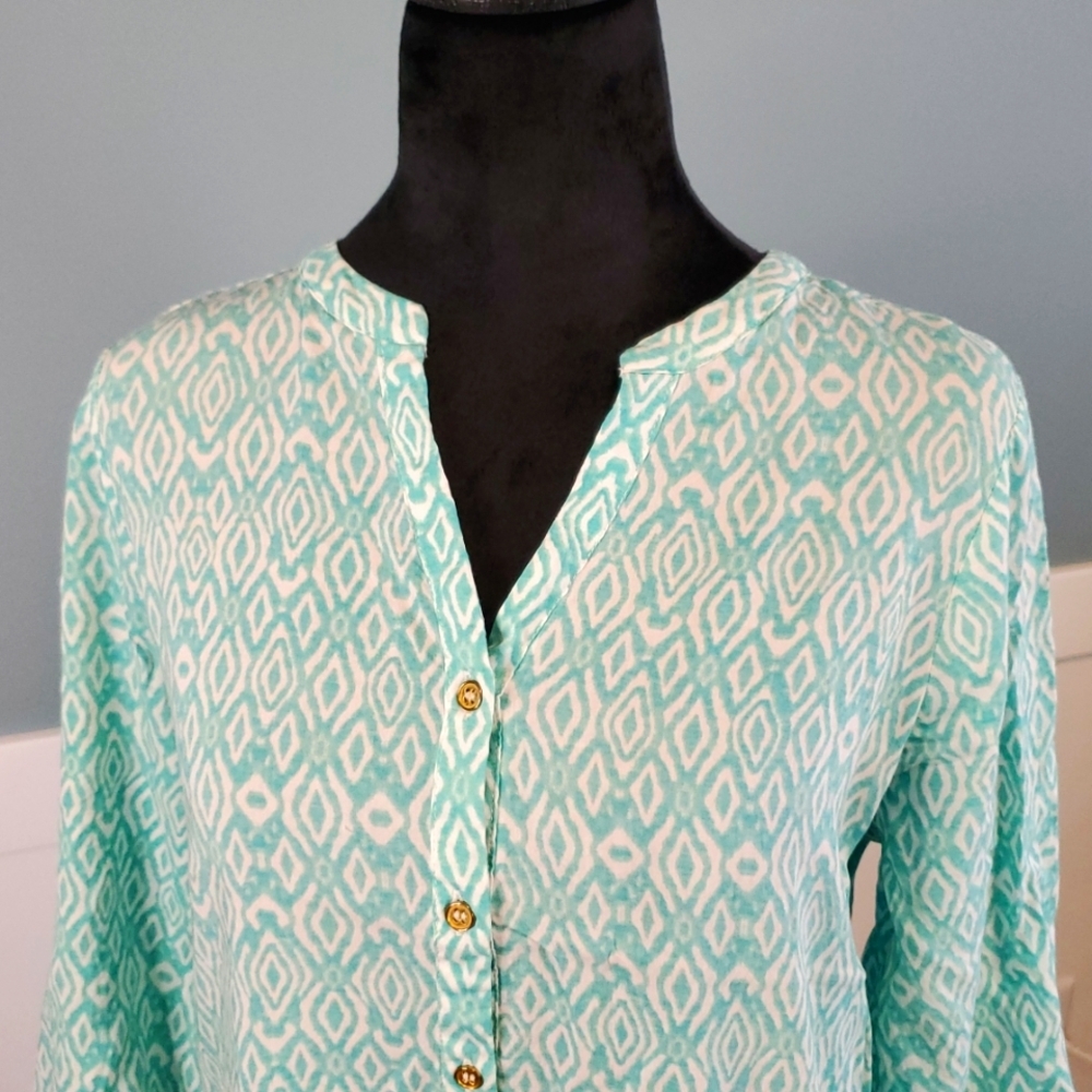 Grand & Greene Rayon Popover Blouse Aqua White S - Picture 2 of 9